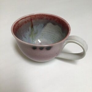 Studio Pottery Coffee Cup SIGNED Pink Green Blue 4” Handmade Handle Mod Teacup